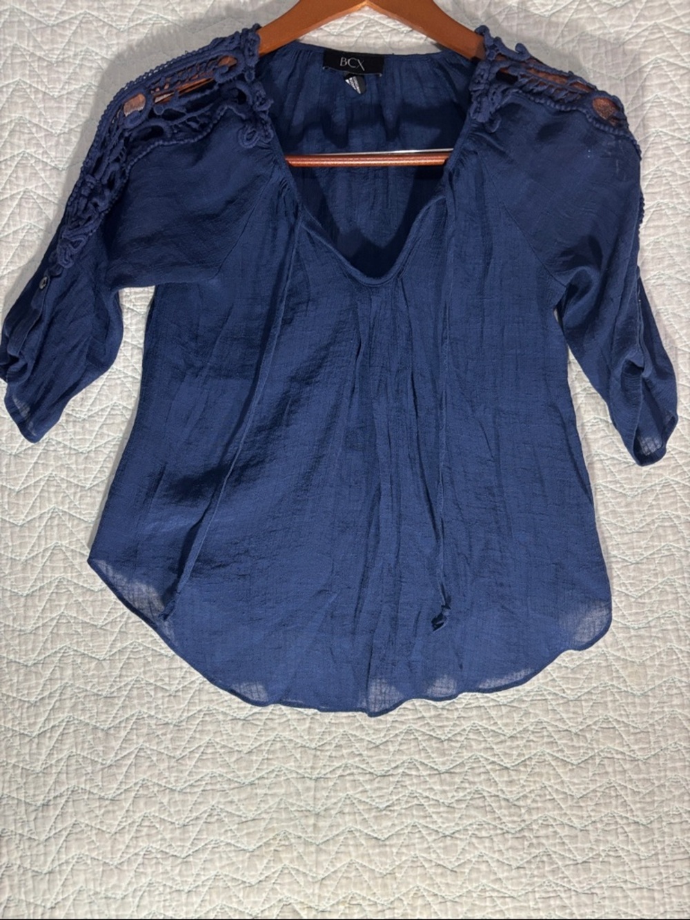 BCX Navy Crochet-Shoulder V-Neck Peasant Top